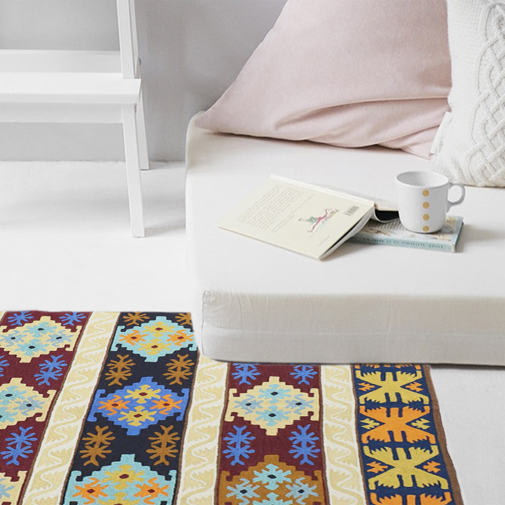 Geometrical Hand Embroidered Crewel Woolen Rug thumbnail 3