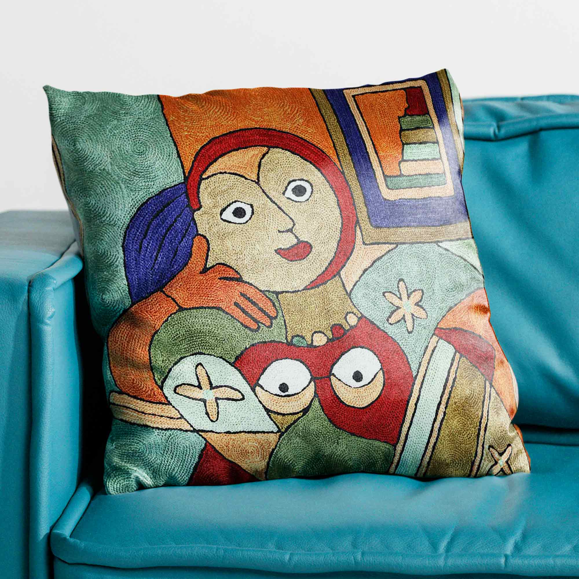 Modern Face Hand Embroidered Chainstitch Cushion Cover thumbnail 3