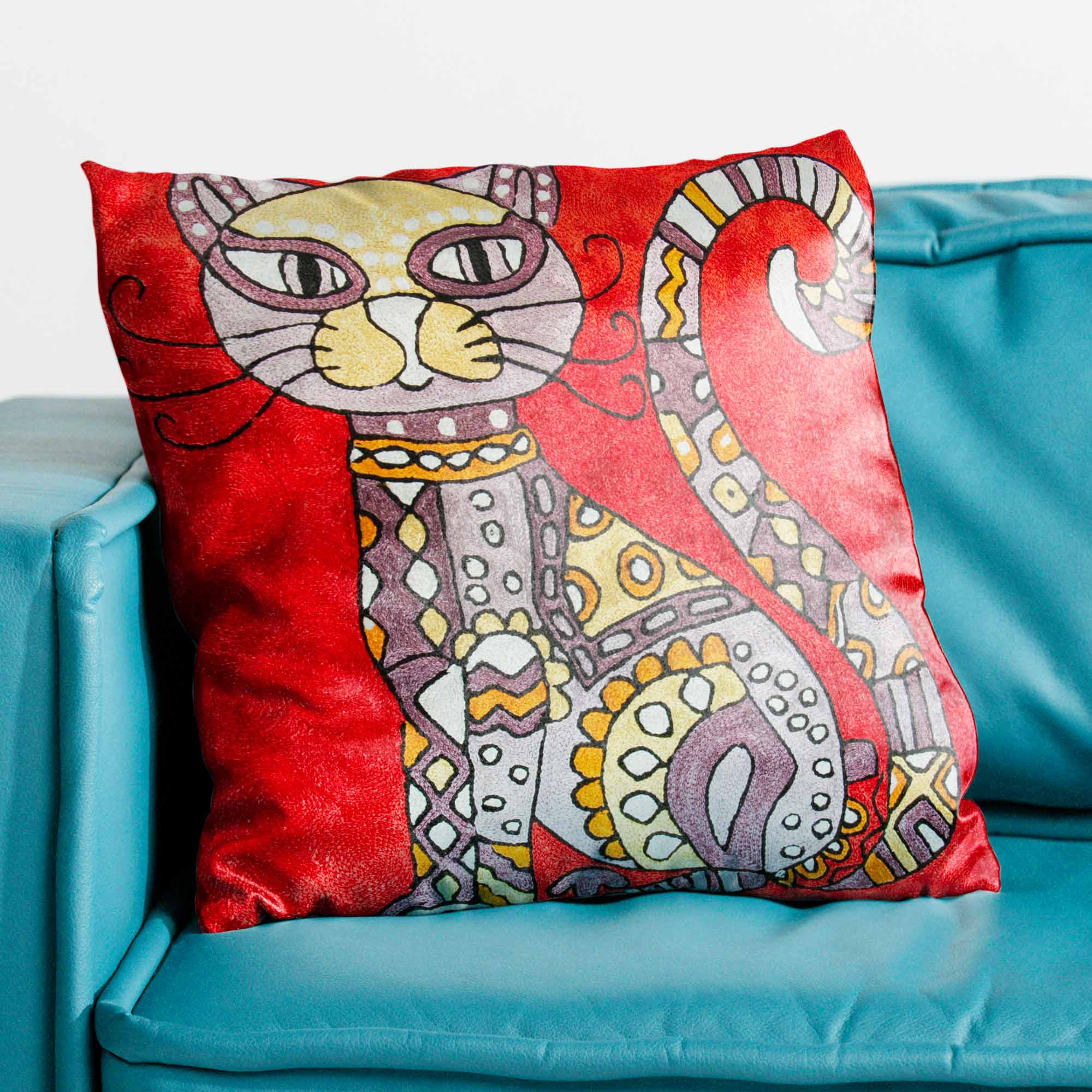 Modern Cat Hand Embroidered Chainstitch Cushion Cover thumbnail 3