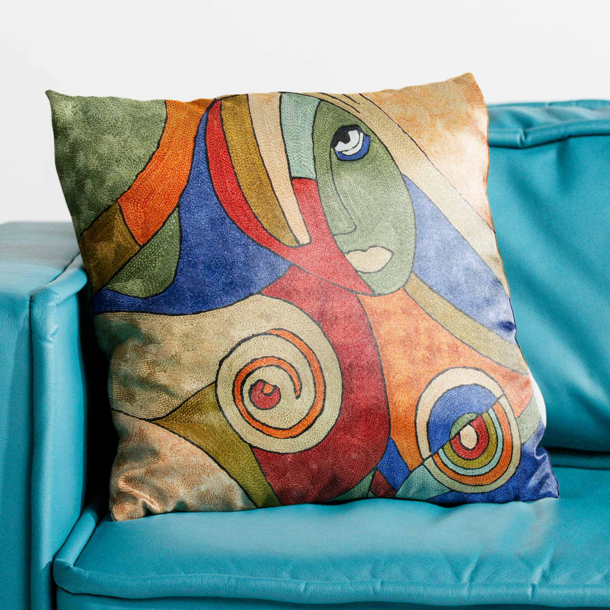 Modern Lady Face Hand Embroidered Chainstitch Cushion Cover thumbnail 3