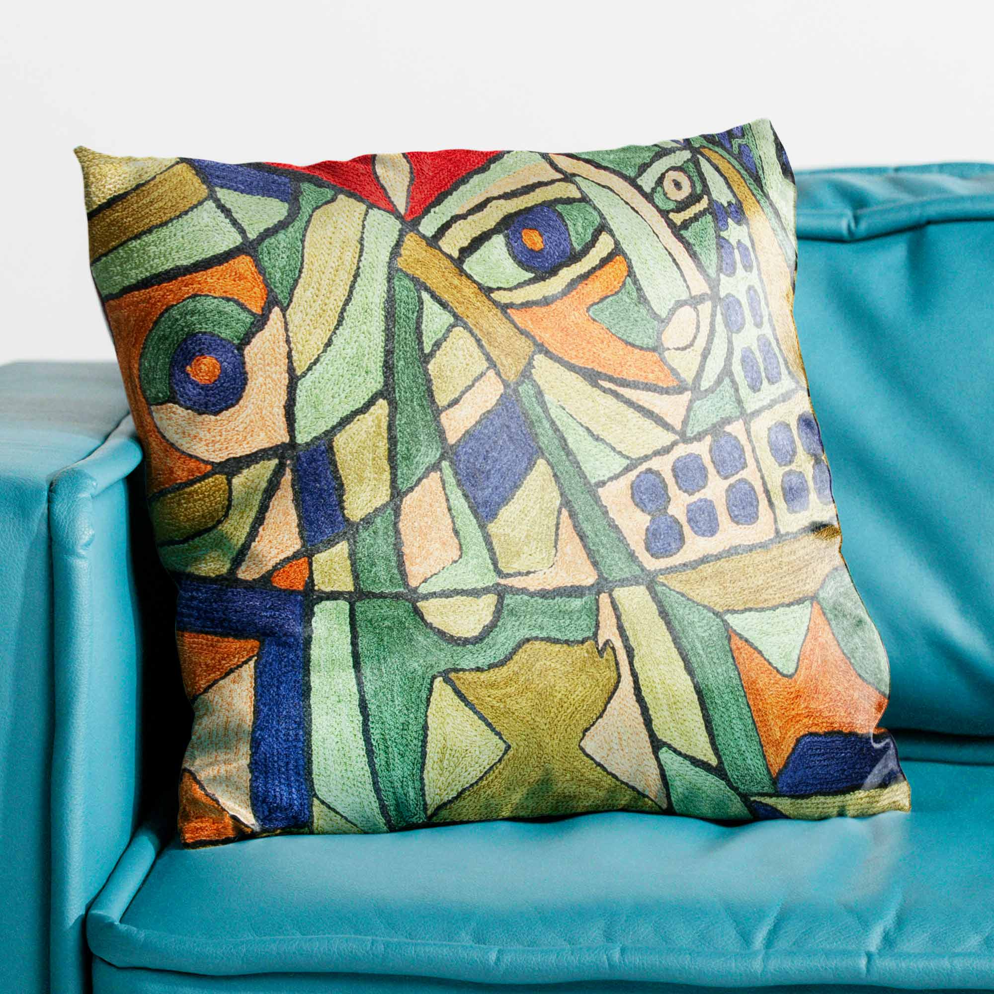 Modern Face Hand Embroidered Chainstitch Cushion Cover thumbnail 3