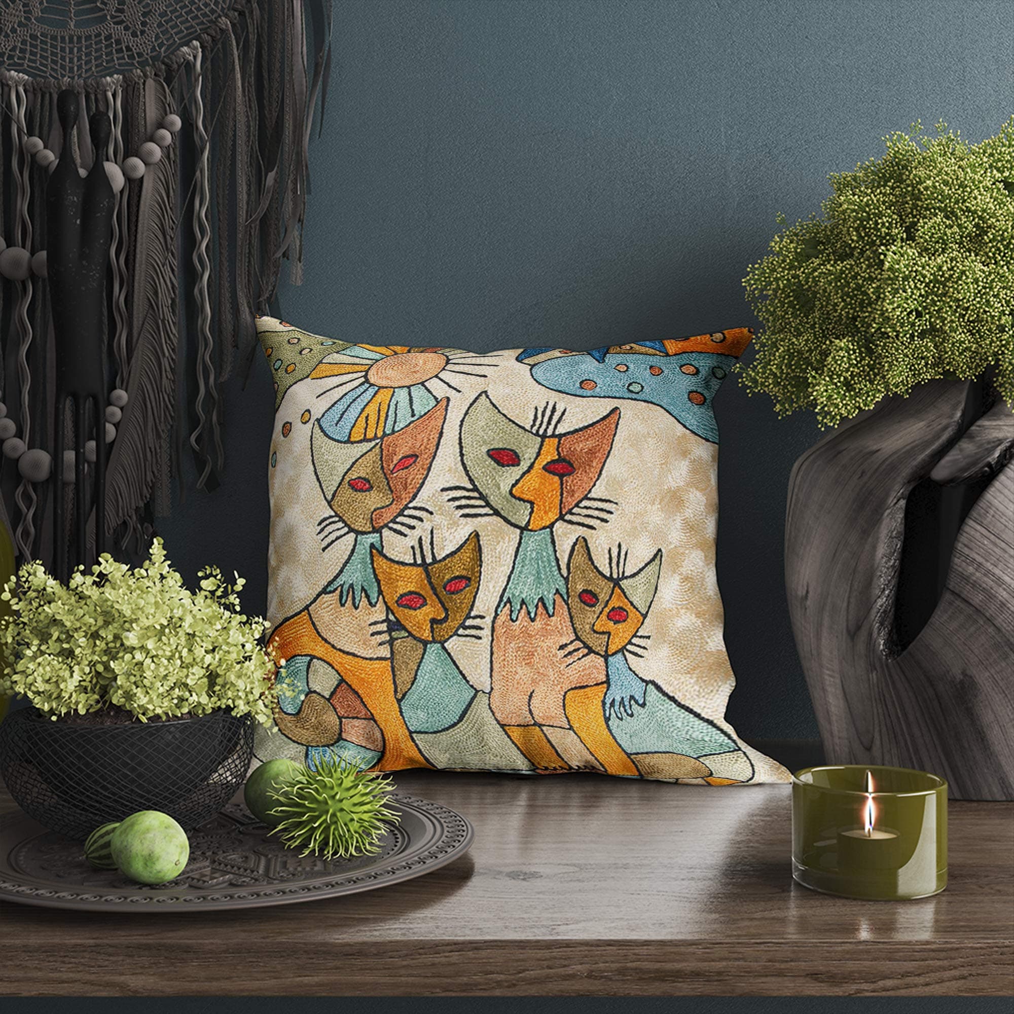 Modern Cat Hand Embroidered Chainstitch Cushion Cover thumbnail 3