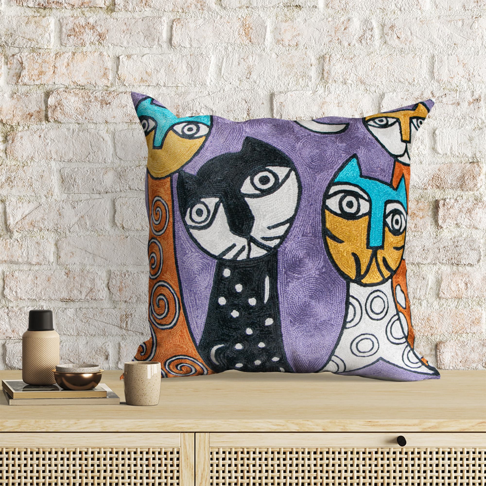Modern Cat Hand Embroidered Chainstitch Cushion Cover thumbnail 3