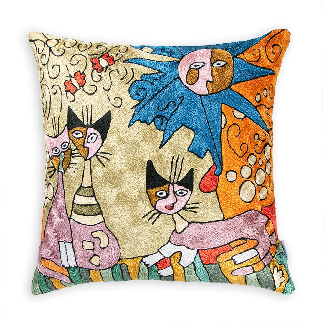 Modern Cat Hand Embroidered Chainstitch Cushion Cover