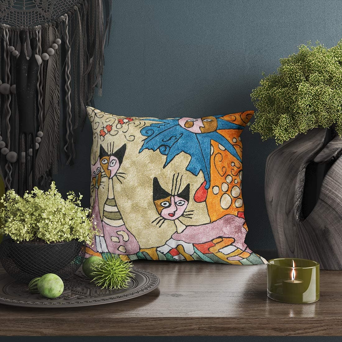 Modern Cat Hand Embroidered Chainstitch Cushion Cover thumbnail 3